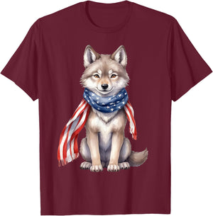 Wolf 4th of July American Flag Wolf Animal Patriotic Kids Men T-Shirt - T-Shirt | Maroon