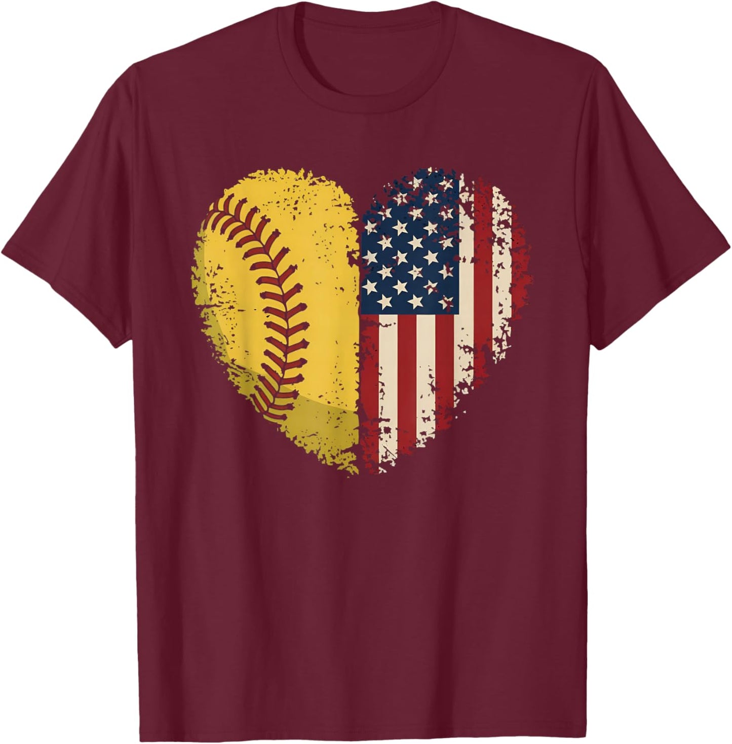 Softball Heart American Flag Patriotic Softball Lovers T-Shirt - T-Shirt | Maroon