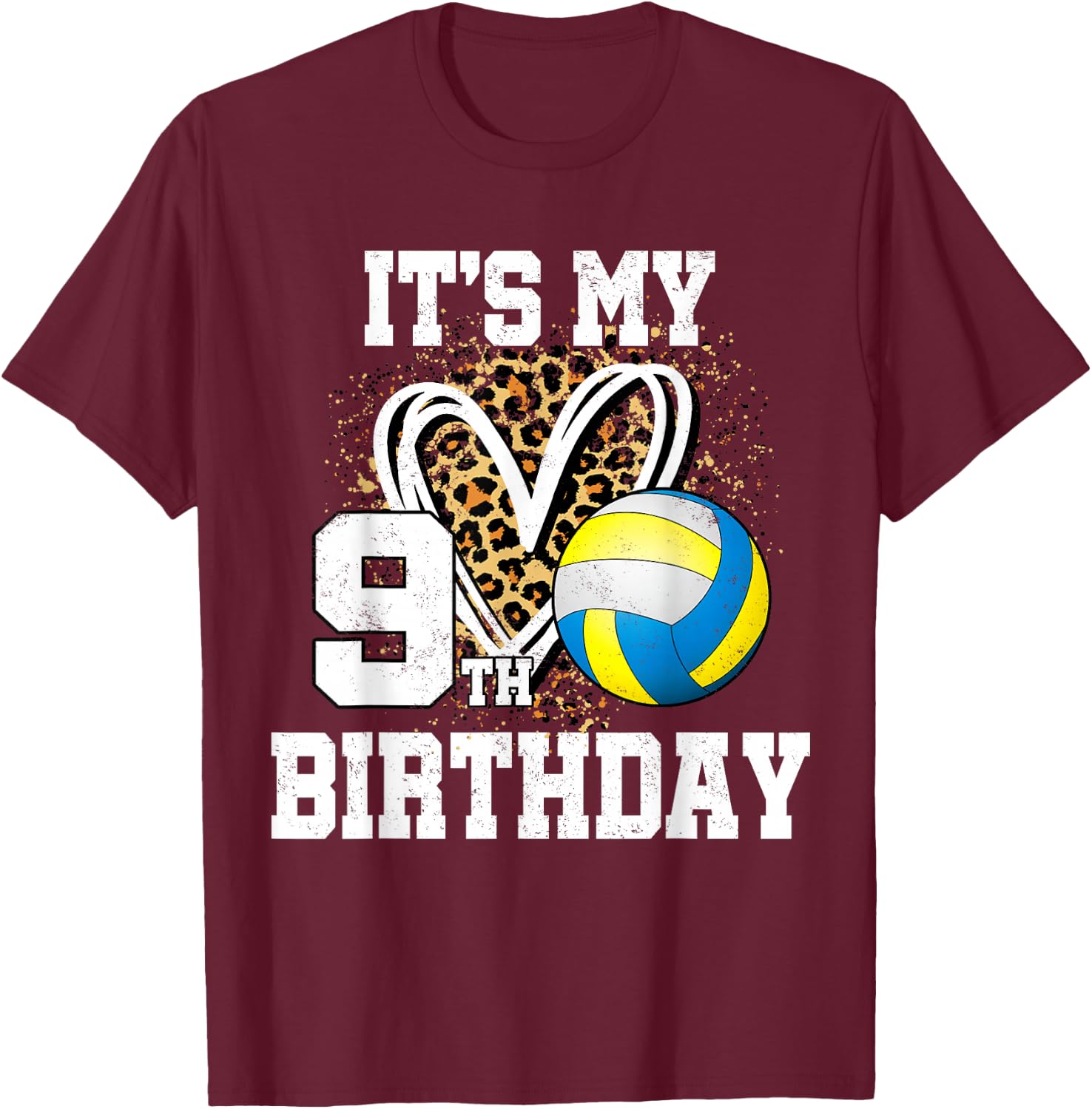 It's My 9th Birthday Volleyball 9 Year Old Leopard Heart T-Shirt - T-Shirt | Maroon