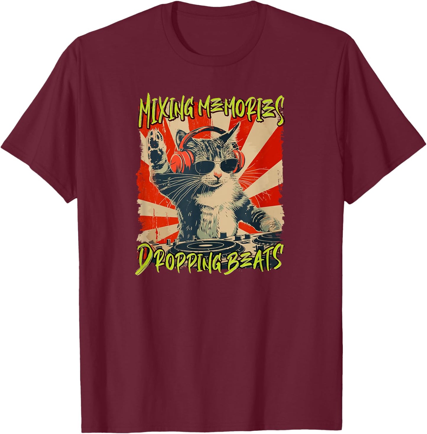 Funny DJ Cat Disco Sound Tech Headphone Music T-Shirt - T-Shirt | Maroon