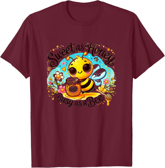 Cute Bee with Honey - Sweet as Honey, Busy as a Bee T-Shirt - T-Shirt | Maroon