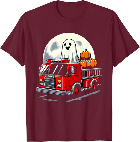 Halloween Ghost Firetruck Funny Pumpkins For Kids T-Shirt - T-Shirt | Maroon