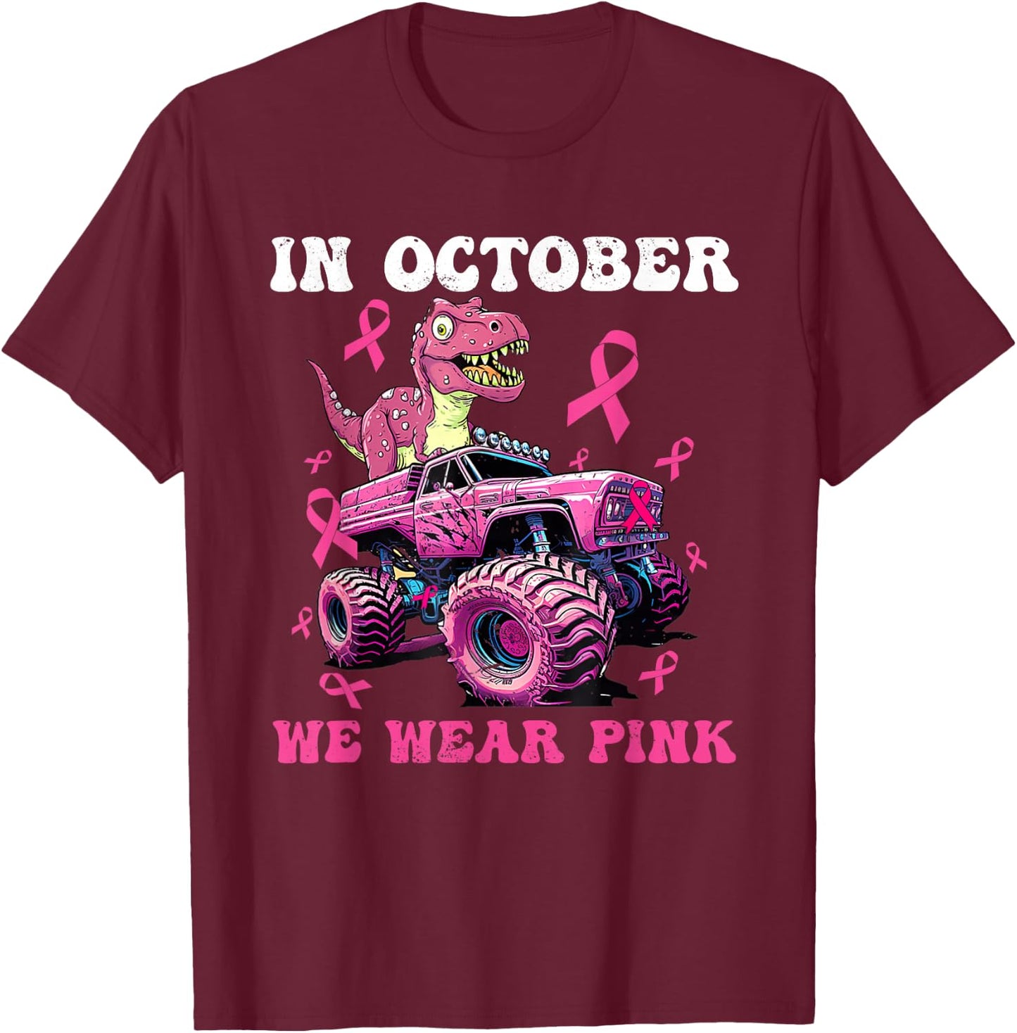 In October We Wear Pink Breast Cancer Trex Dino Kids T-Shirt - T-Shirt | Maroon