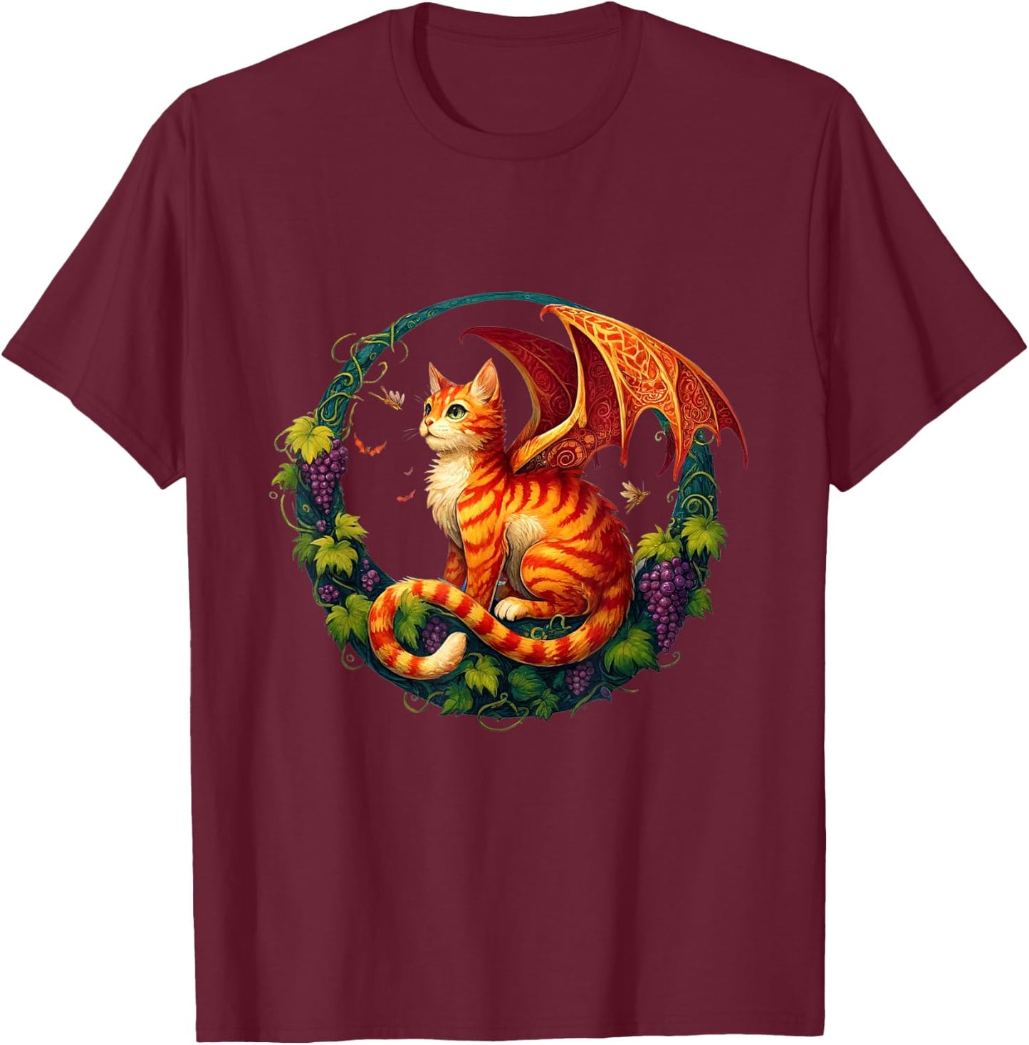 Retro Mystical Orange Tabby Dragon Cat Fae With Grapevines Men Women Kids T-Shirt - T-Shirt | Maroon