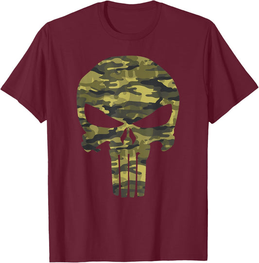 Marvel The Punisher Camo Skull Symbol T-Shirt - T-Shirt | Maroon