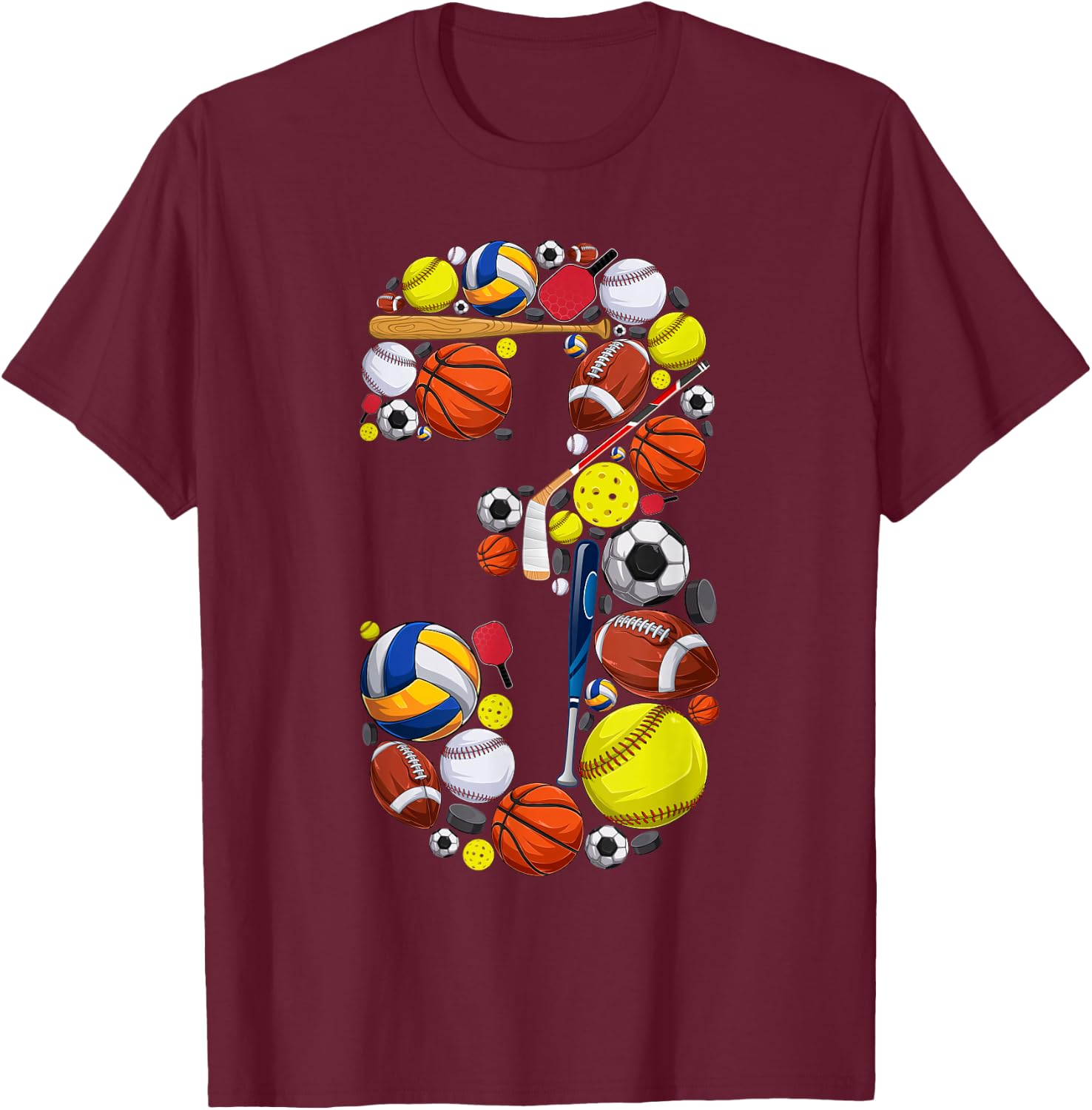 3 Years Old Sports Baller 3rd Birthday Party Boys Kids T-Shirt - T-Shirt | Maroon