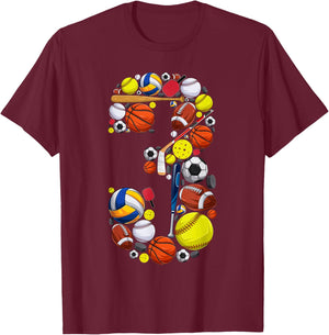 3 Years Old Sports Baller 3rd Birthday Party Boys Kids T-Shirt - T-Shirt | Maroon