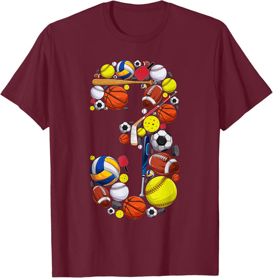 3 Years Old Sports Baller 3rd Birthday Party Boys Kids T-Shirt - T-Shirt | Maroon