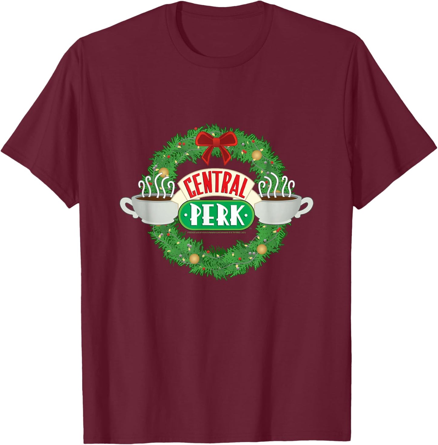 Friends Christmas at Central Perk Wreath TV Show T-Shirt - T-Shirt | Maroon