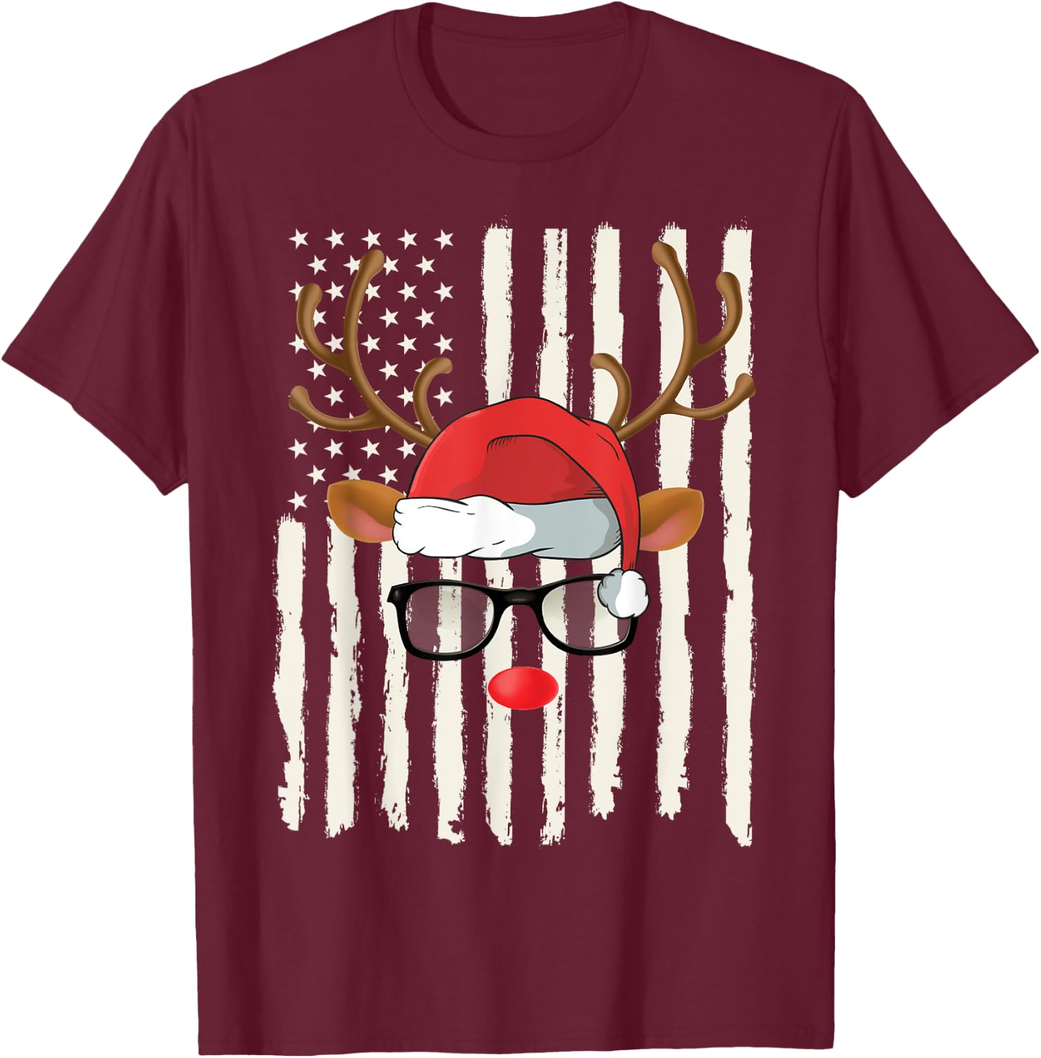 Cute Reindeer Santa Hat Glasses American Flag Christmas T-Shirt - T-Shirt | Maroon