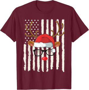 Cute Reindeer Santa Hat Glasses American Flag Christmas T-Shirt - T-Shirt | Maroon