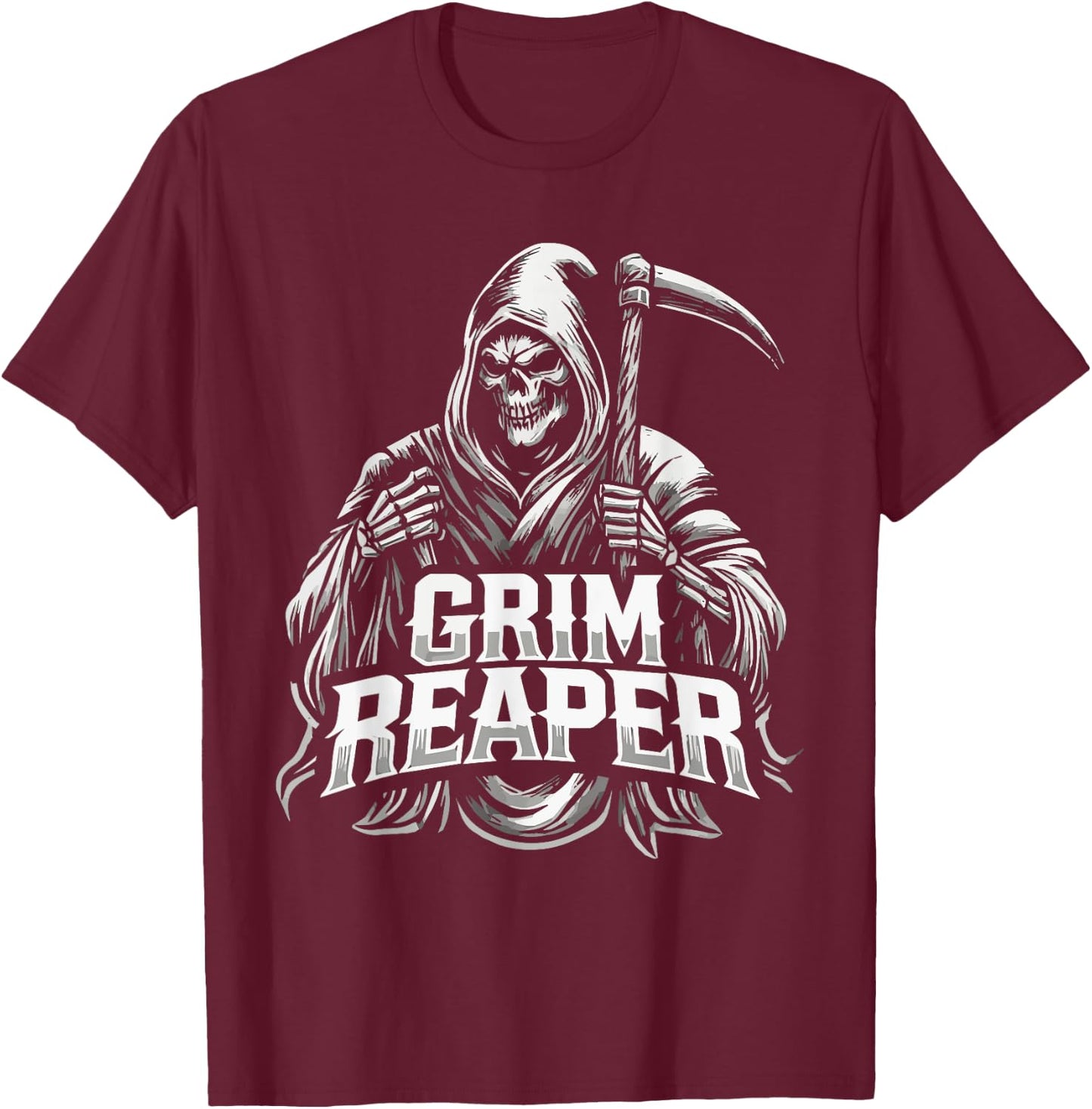 Grim Reaper Hooded Skeleton Scythe Design T-Shirt - T-Shirt | Maroon