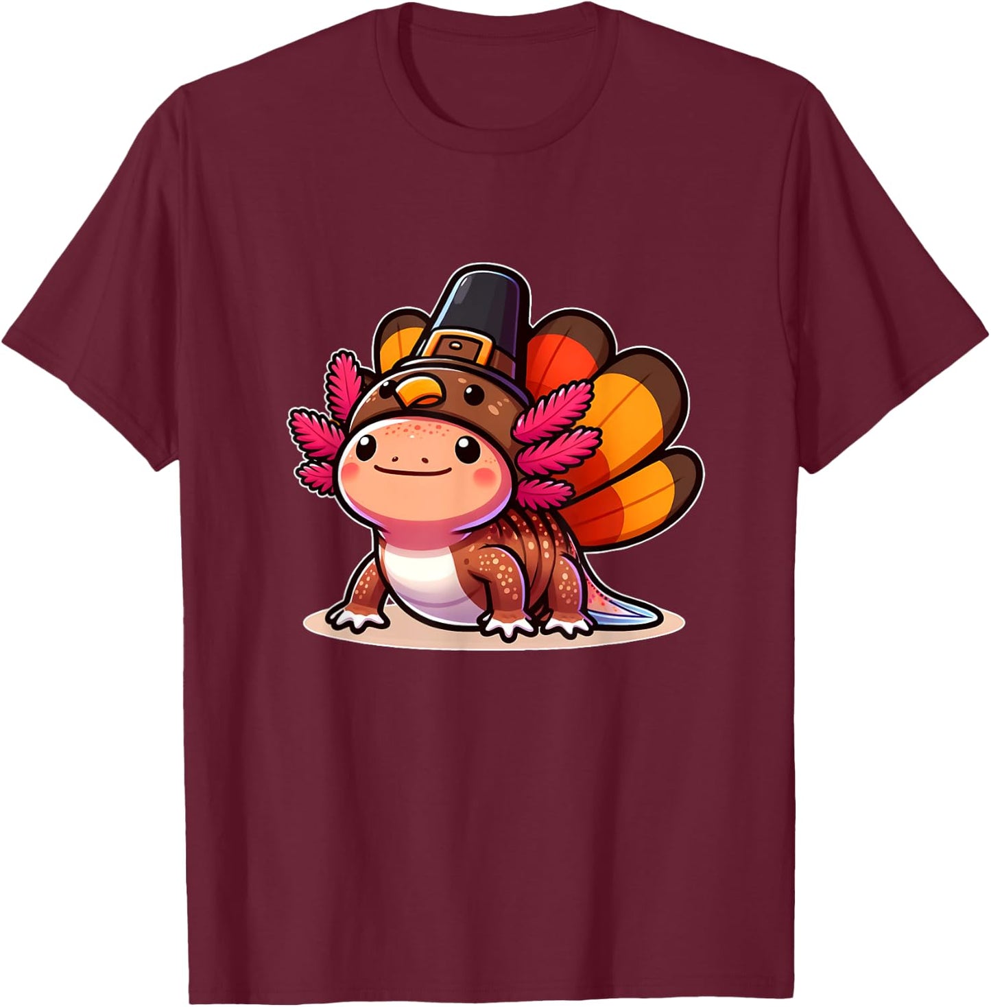 Funny Thanksgiving Shirts by Merch4life Pilgrim Axolotl in Turkey Disguise Kids Black Small Modern Cartoon Turtleneck Short Sleeve Thanksgiving Pet Costume T-Shirt - T-Shirt | Maroon