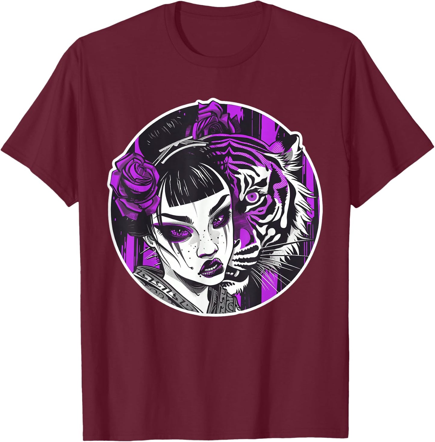 Kawaii Anime Geisha With Tiger Bliss For Otaku Enthusiasts T-Shirt - T-Shirt | Maroon