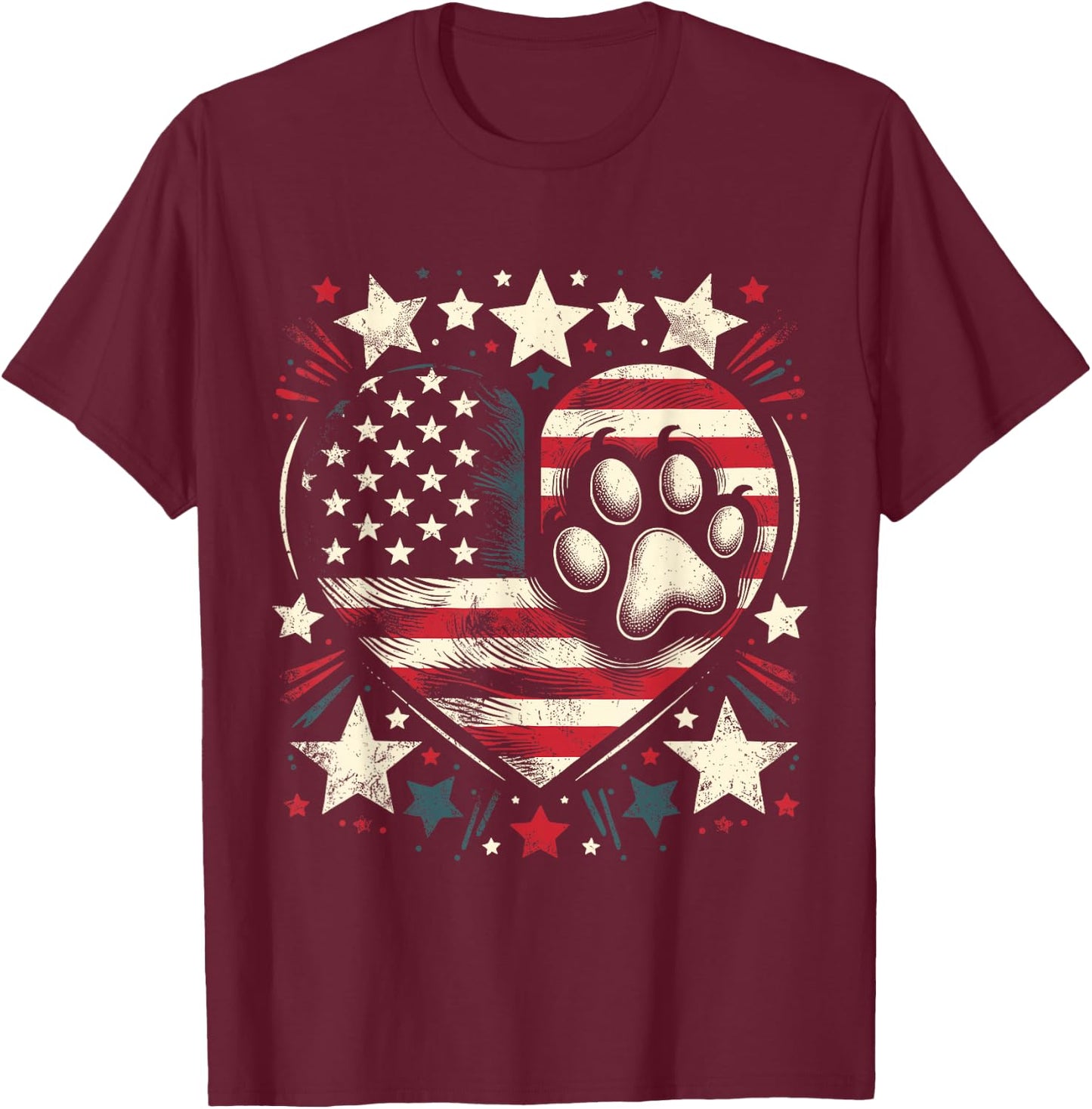American Flag Patriotic Dog and Cat Paw 4th of July T-Shirt - T-Shirt | Maroon