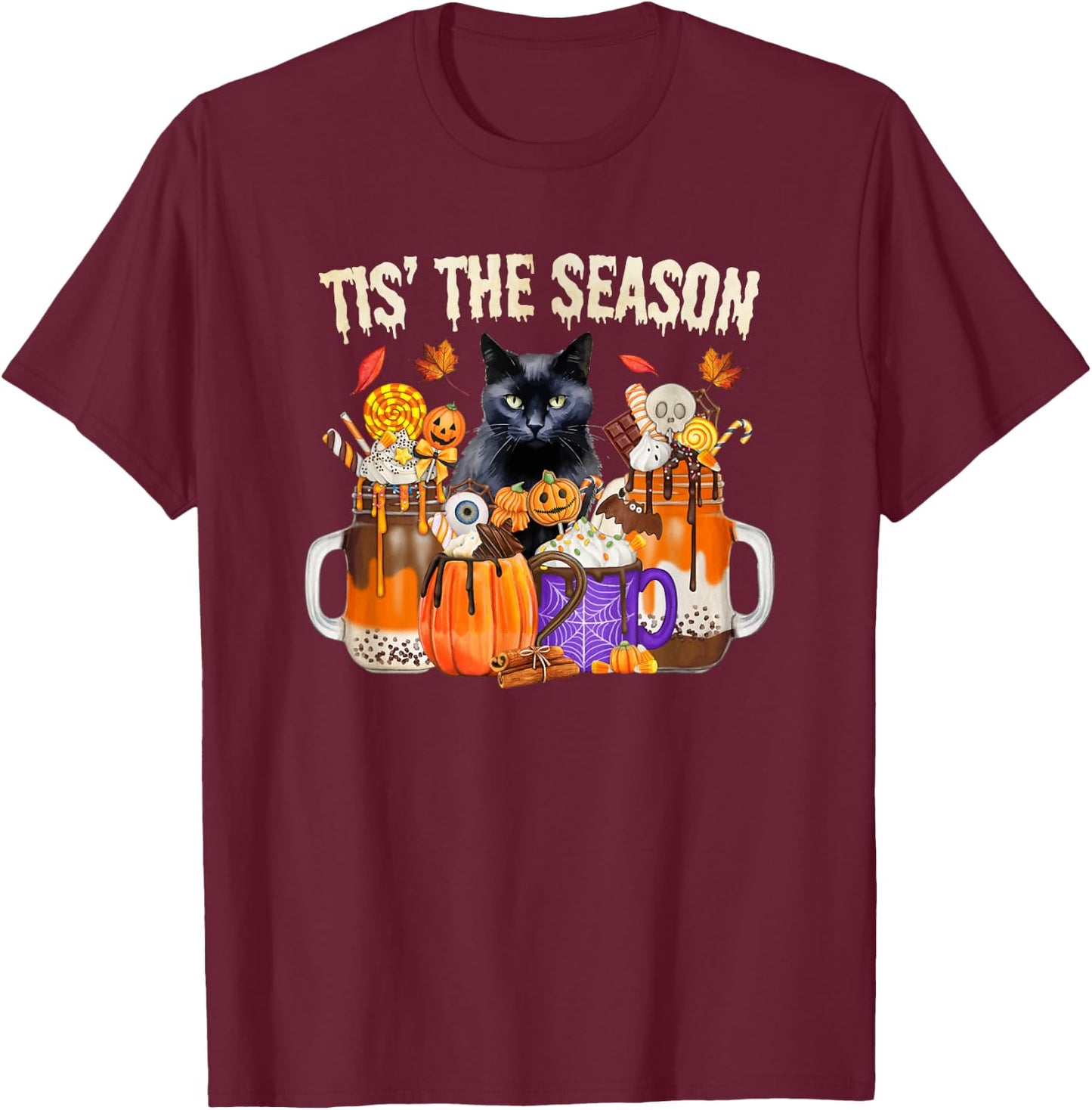 Fall Coffee Pumpkin Spice Latte Autumn Black Cat T-Shirt - T-Shirt | Maroon