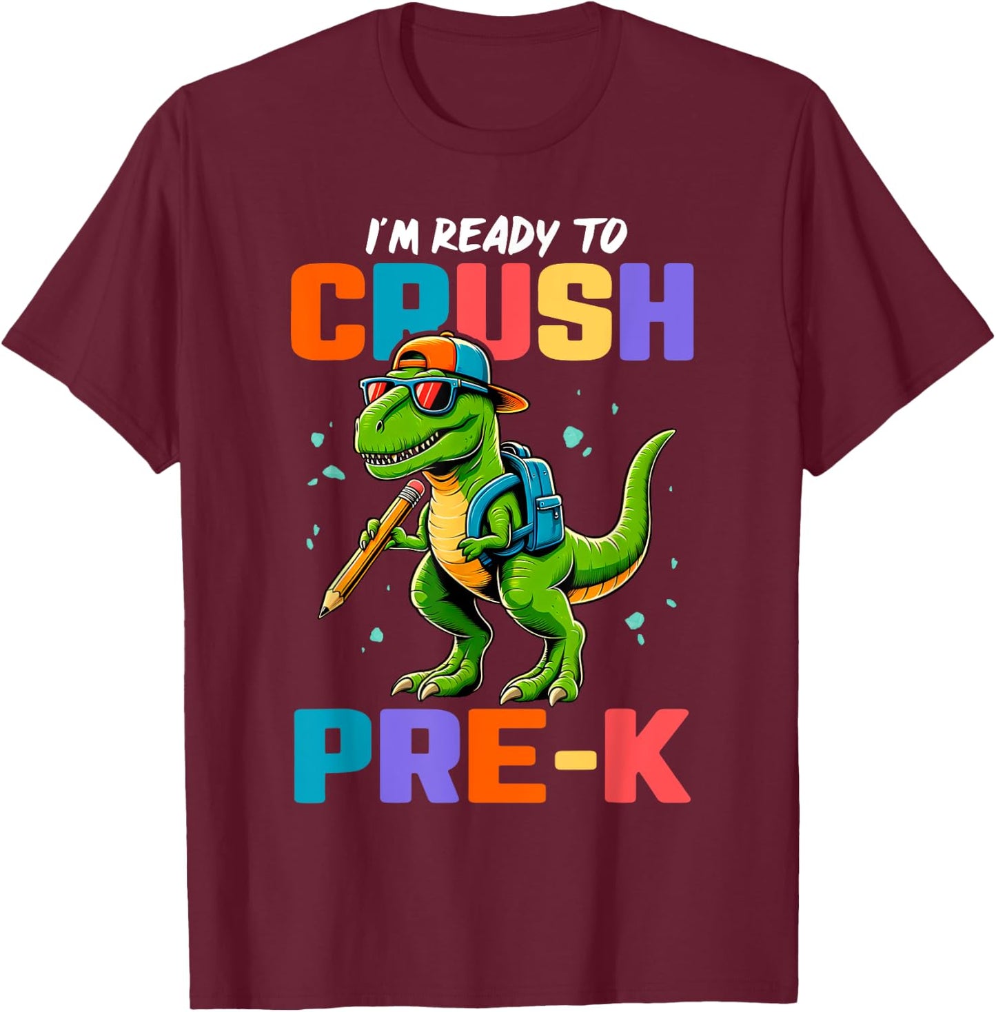 First Day Of Pre-K Shirt Boys Kids Dinosaur Back To School T-Shirt - T-Shirt | Maroon