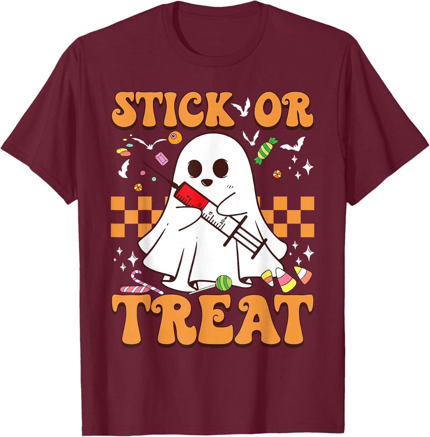 Retro Stick Or Treat Cute Ghost Nurse Phlebotomist Halloween T-Shirt - T-Shirt | Maroon
