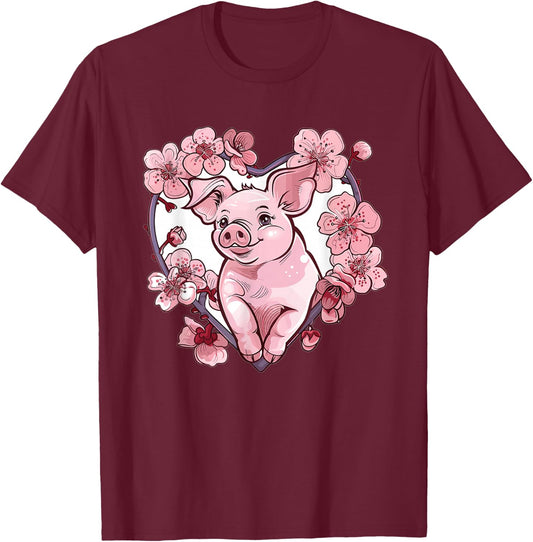 Cute Pig With Flowers I Pig T-Shirt - T-Shirt | Maroon
