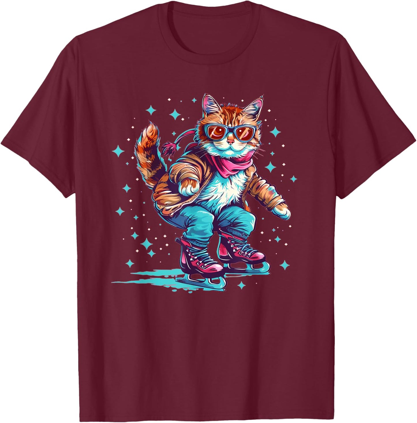 Funny ice skating Cat with Shoes Outfit for Winter T-Shirt - T-Shirt | Maroon