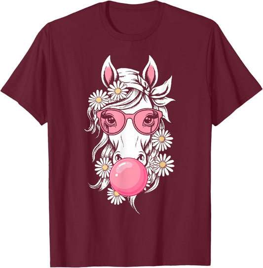 Horse with Pink Bandana and Bubble Gum Graphic T-Shirt - T-Shirt | Maroon