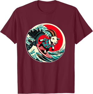 Great Wave Kanagawa Goat Surfing T-Shirt - T-Shirt | Maroon