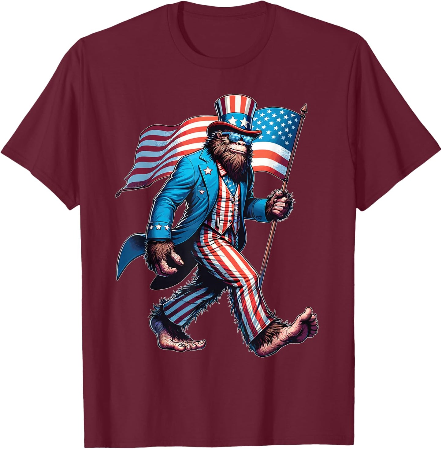 4th Of July Bigfoot Sasquatch Patriotic American Flag T-Shirt - T-Shirt | Maroon