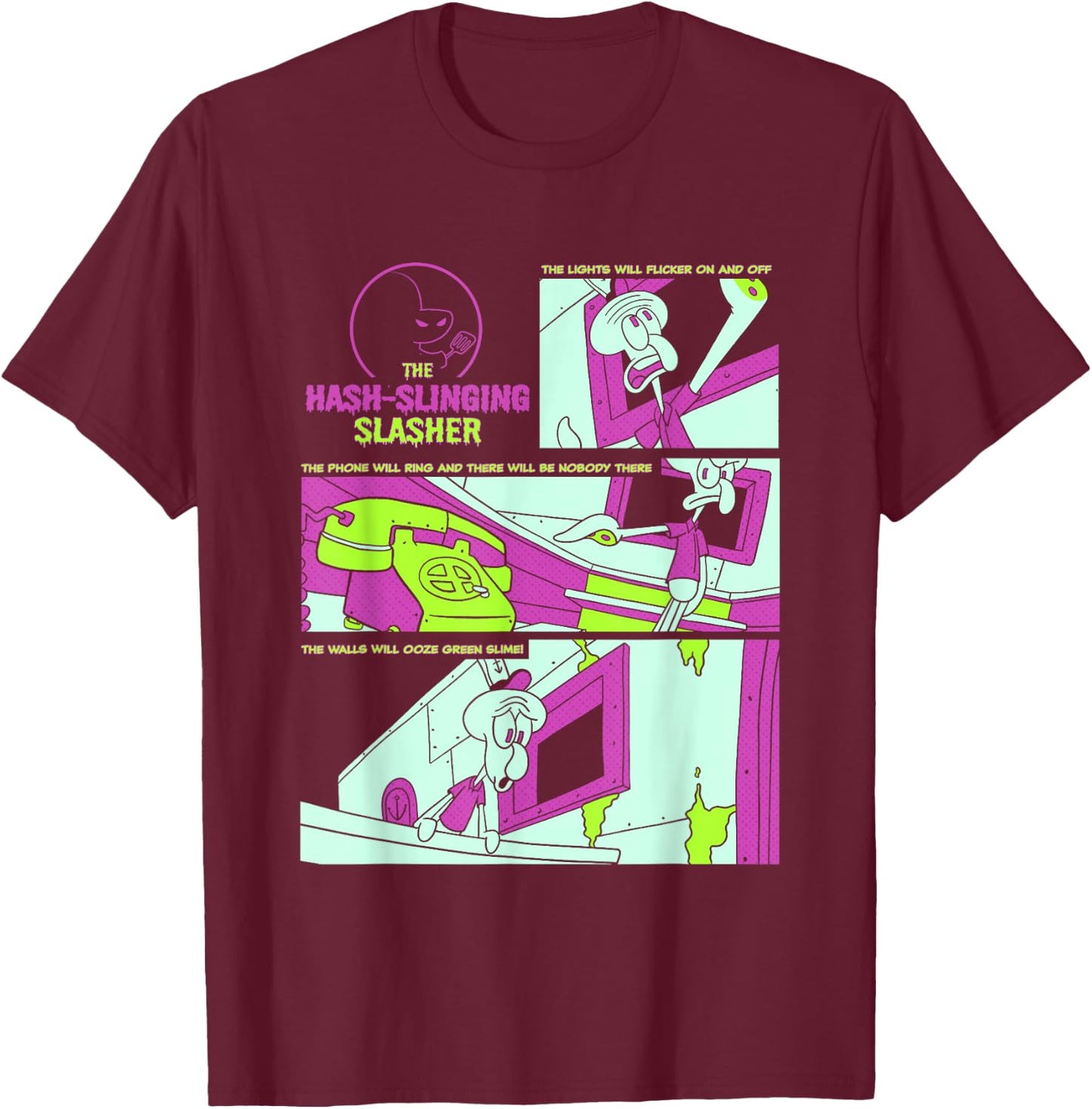 SpongeBob SquarePants The Hash-Slinging Slasher Signs Panels T-Shirt - T-Shirt | Maroon