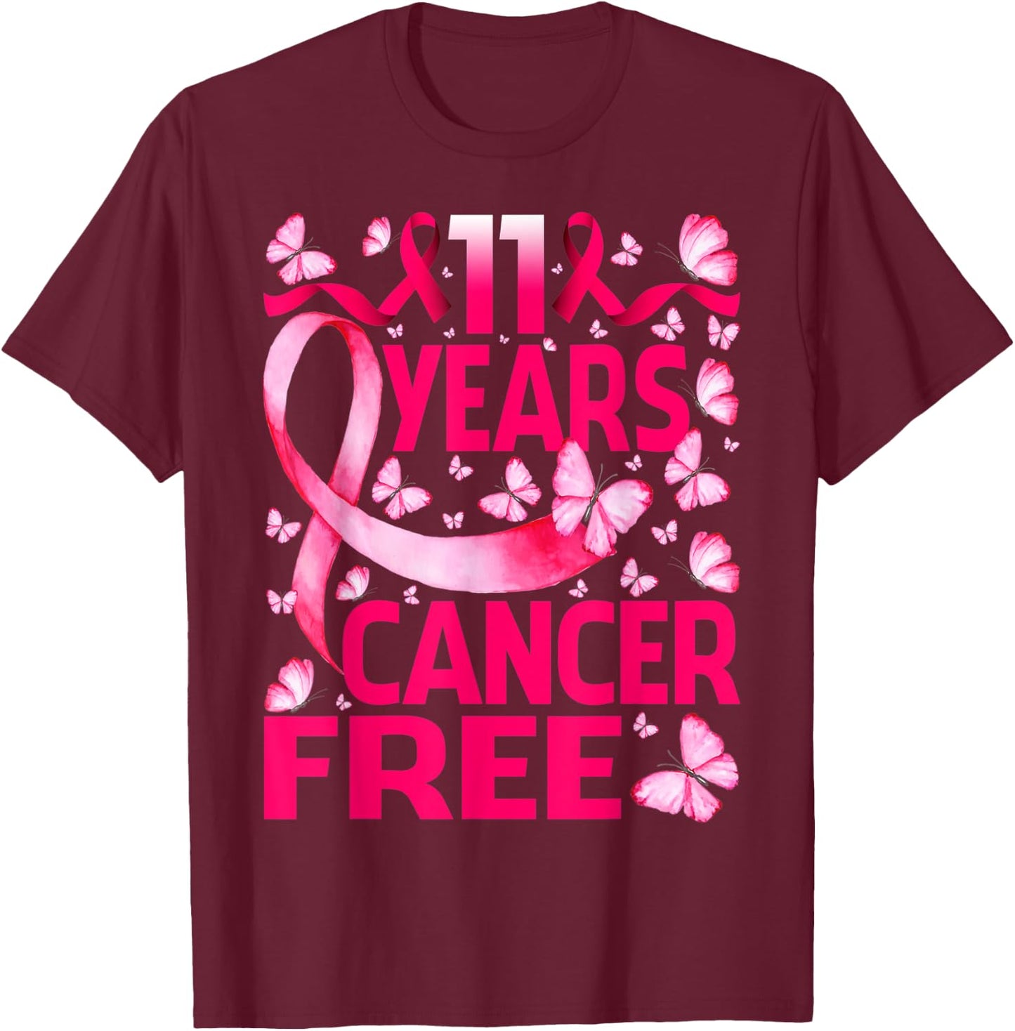11 Years Breast Cancer Free Survivor Butterfly T-Shirt - T-Shirt | Maroon