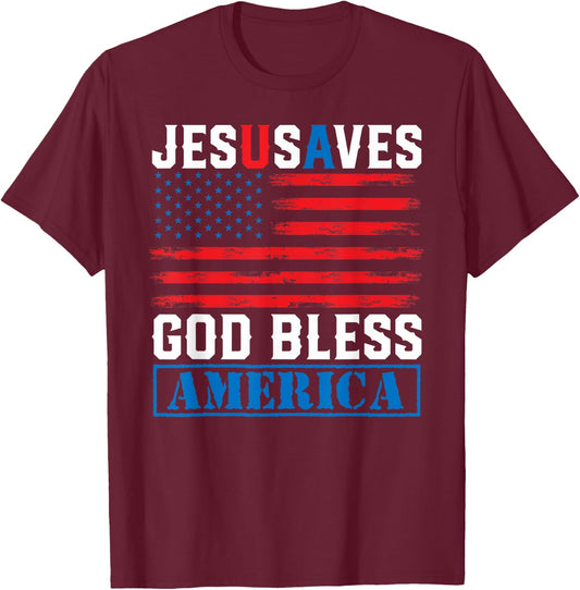 Jesus Saves USA - God Bless America - Vintage Grunge Flag T-Shirt - T-Shirt | Maroon