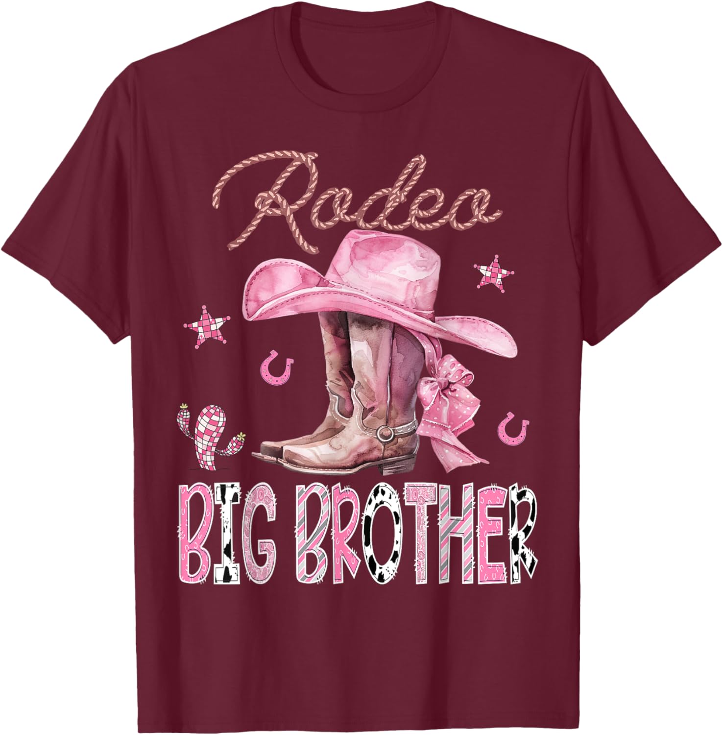 Rodeo Big Brother Pink Boots Coquette CowGirl Birthday Party T-Shirt - T-Shirt | Maroon
