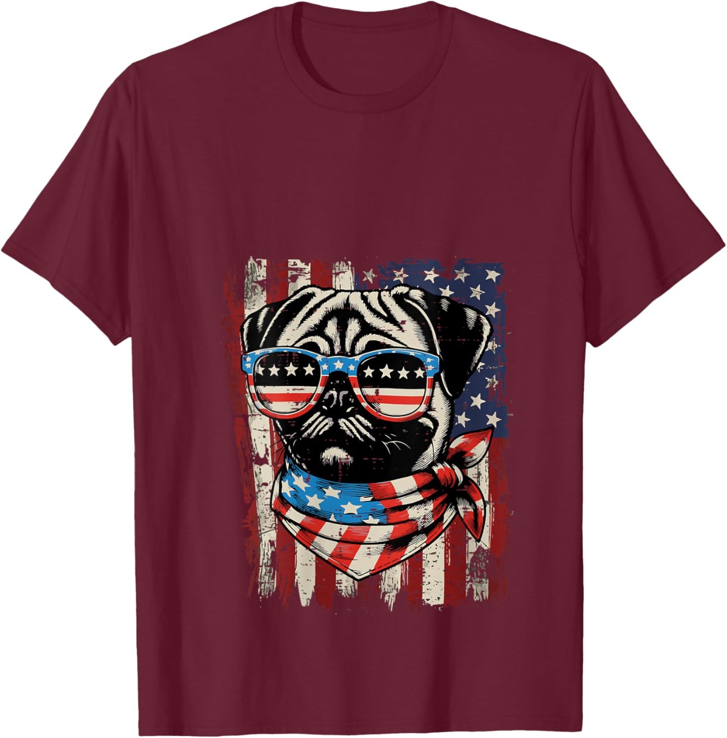 Women's 4th of July Dog Pug USA Flag Cute Patriotic Men Women Kids V-Neck T-Shirt - T-Shirt | Maroon