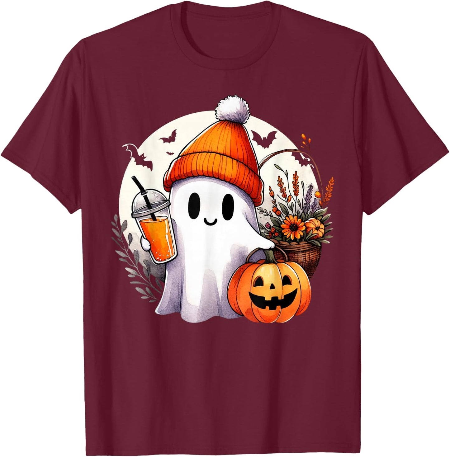 Groovy Ghost Drinking Coffee Halloween Ghost Coffee Lover T-Shirt - T-Shirt | Maroon