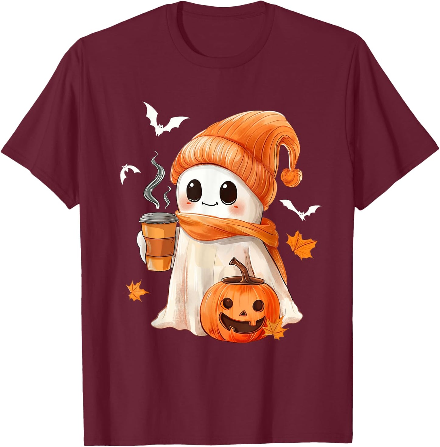 Cute Ghost Drinking Coffee Halloween Ghost Ice Coffee T-Shirt - T-Shirt | Maroon