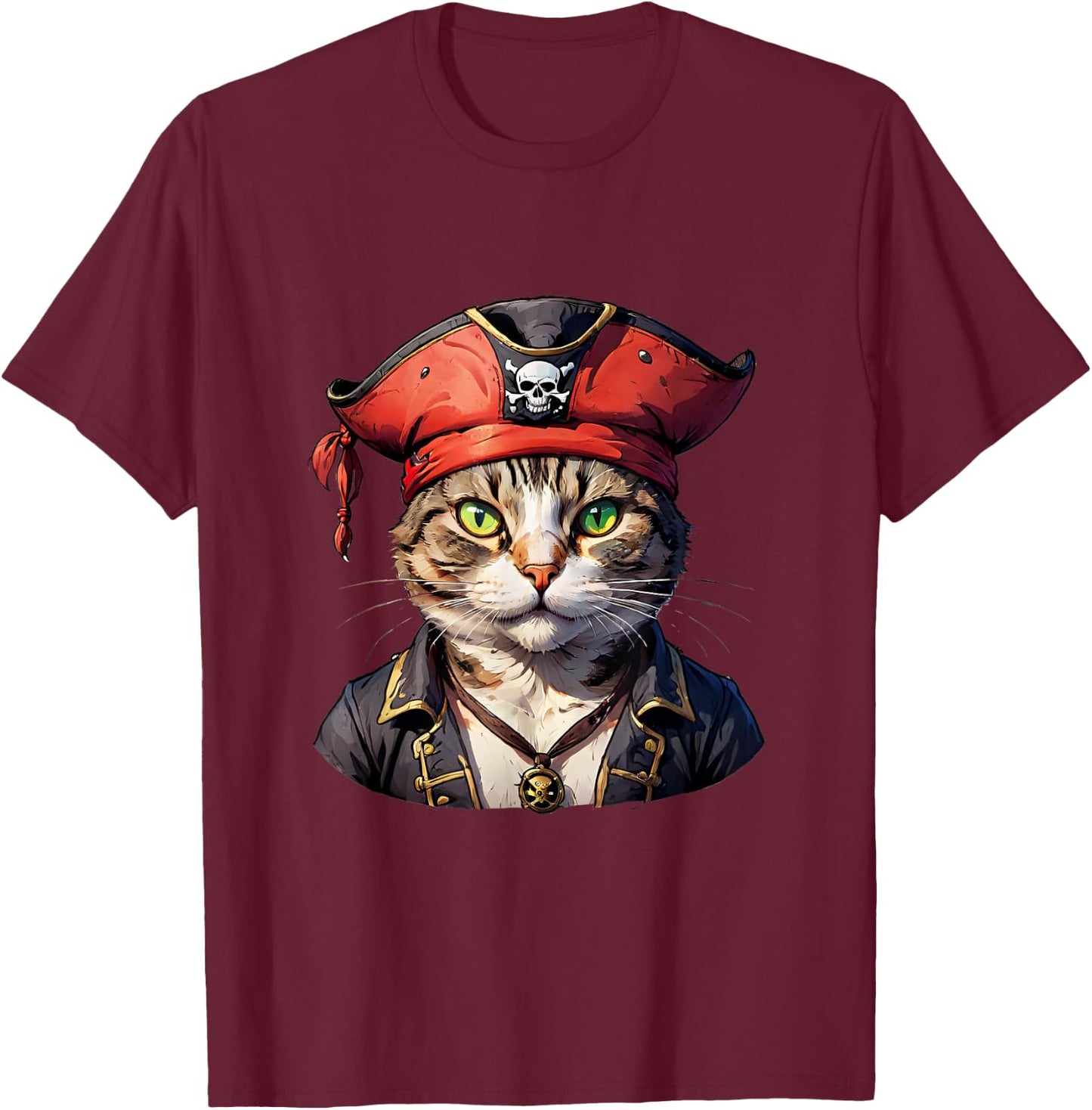 Pirate and Cat: The Feline Buccaneer T-Shirt - T-Shirt | Maroon
