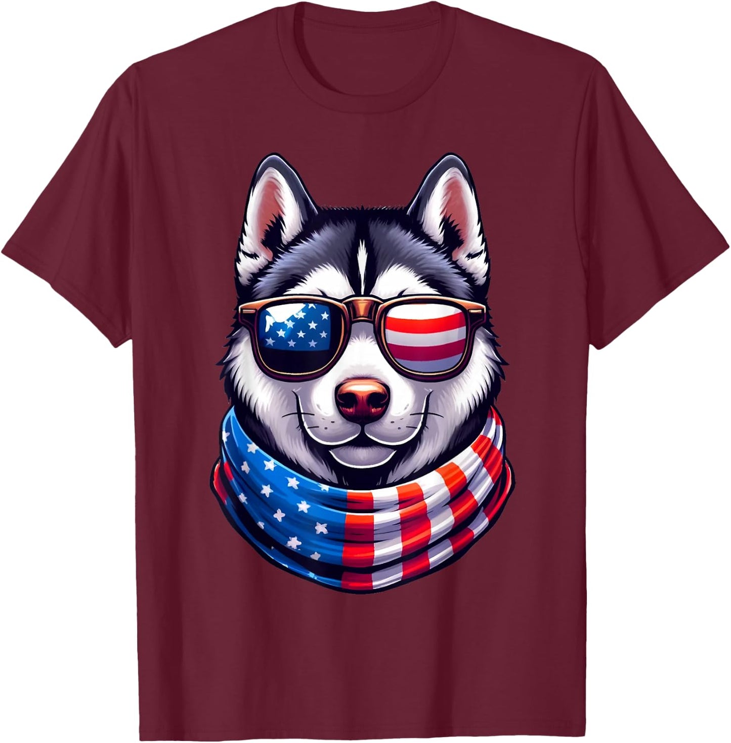 Siberian Husky USA Flag Sunglasses 4th of July Patriotic Dog T-Shirt - T-Shirt | Maroon