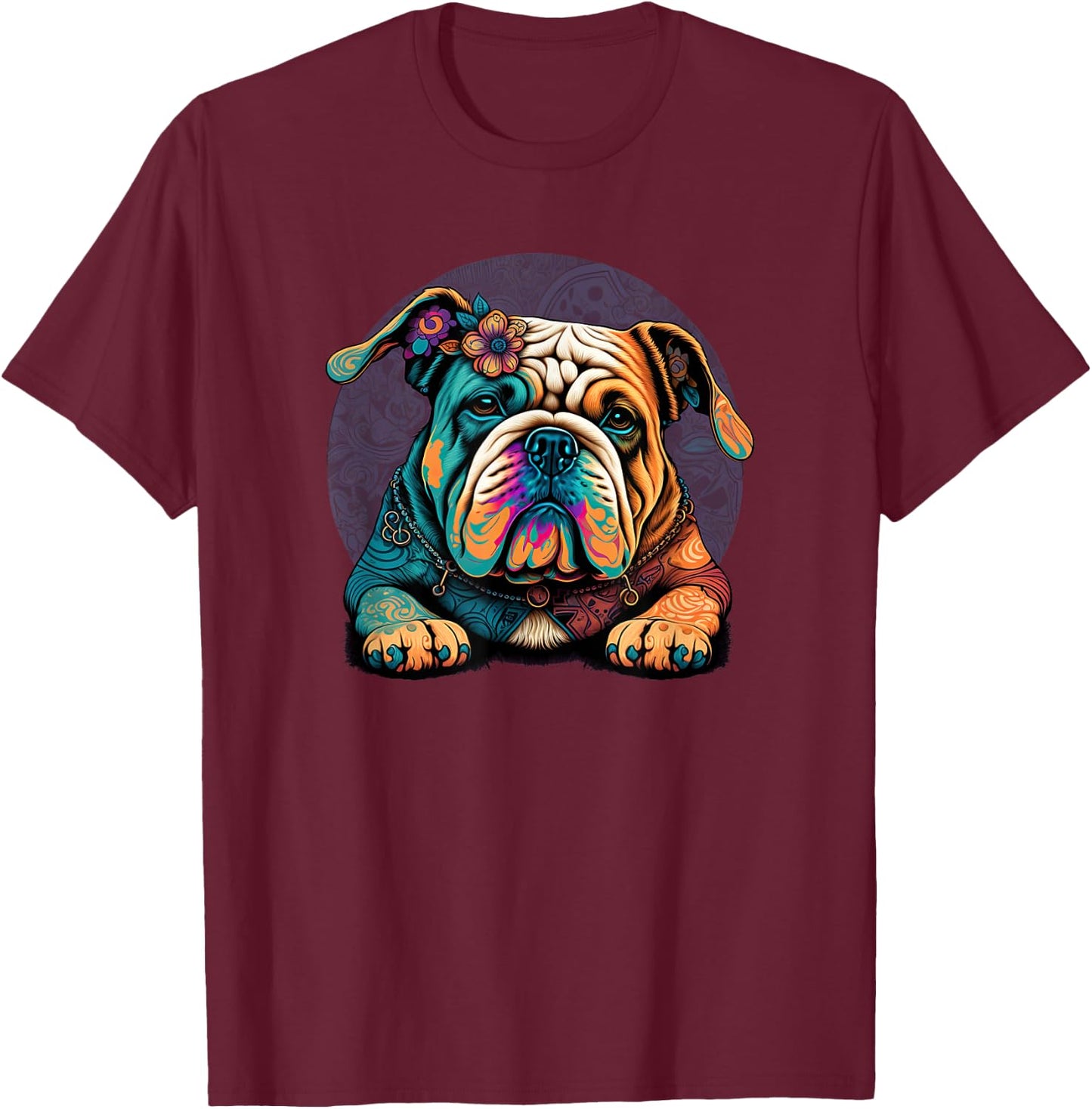 Funny Bulldog Dog Hippie T-Shirt - T-Shirt | Maroon