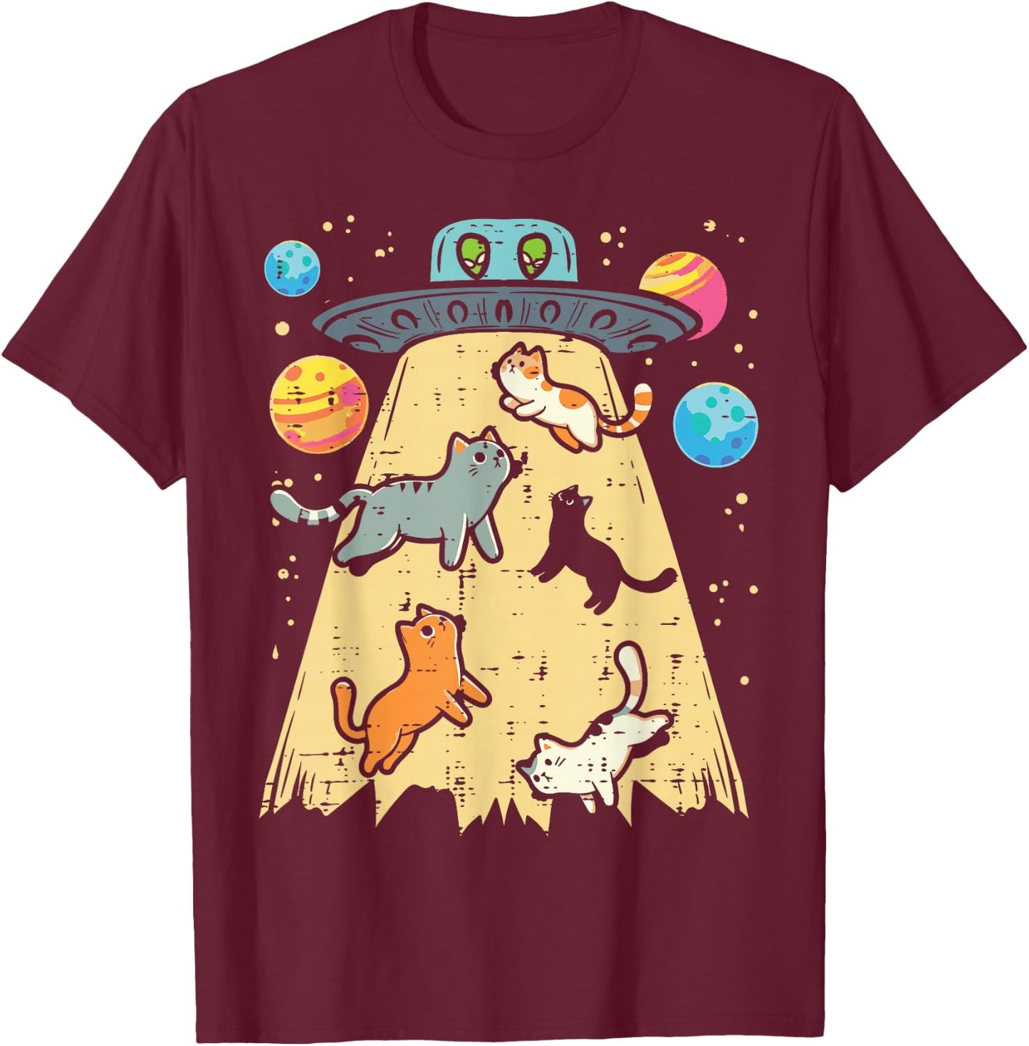Alien Abduction Cats UFO Flying Saucer Space Women Girls Kid T-Shirt - T-Shirt | Maroon