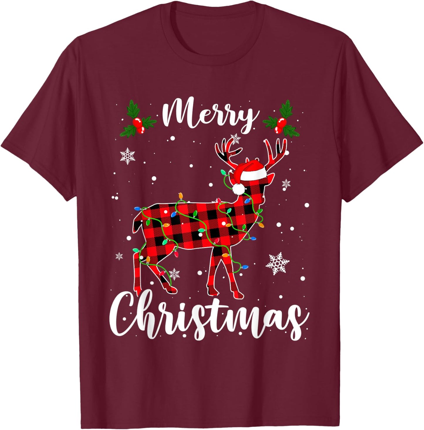 Deer Merry Christmas Animals Buffalo Red Plaid T-Shirt - T-Shirt | Maroon