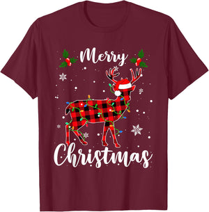 Deer Merry Christmas Animals Buffalo Red Plaid T-Shirt - T-Shirt | Maroon