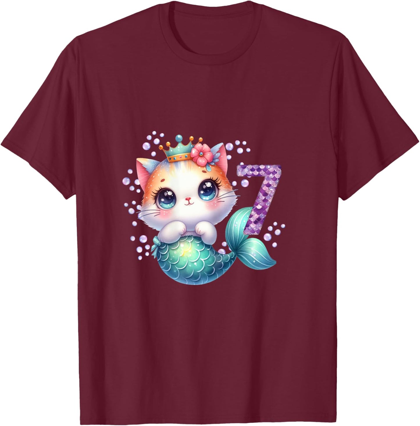 Cat Mermaid 7th Birthday 7 Year Old Party Girls Outfit T-Shirt - T-Shirt | Maroon