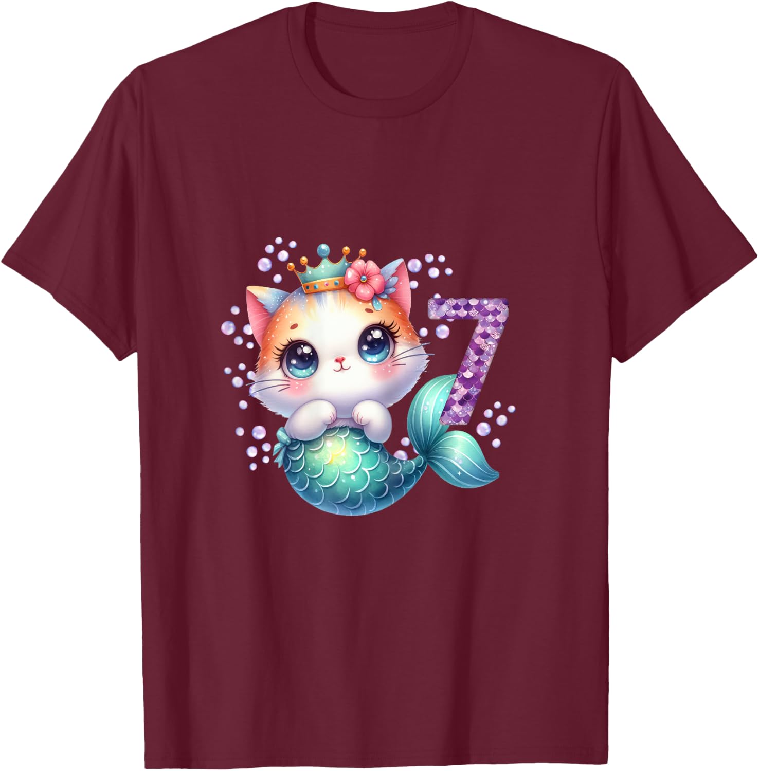 Cat Mermaid 7th Birthday 7 Year Old Party Girls Outfit T-Shirt - T-Shirt | Maroon