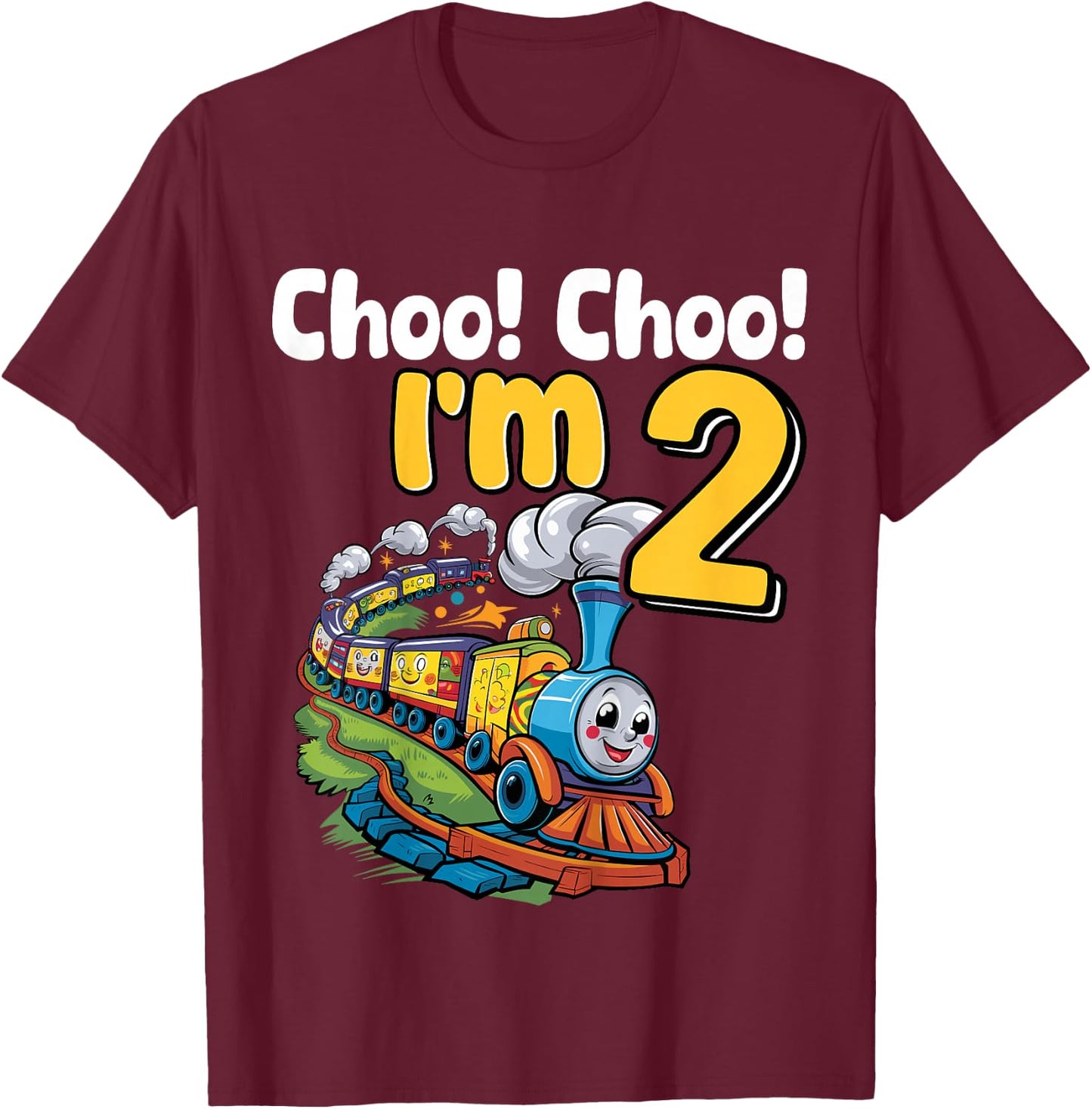 Train Choo Choo I'm 2 Years Old 2nd Birthday Party Train T-Shirt - T-Shirt | Maroon