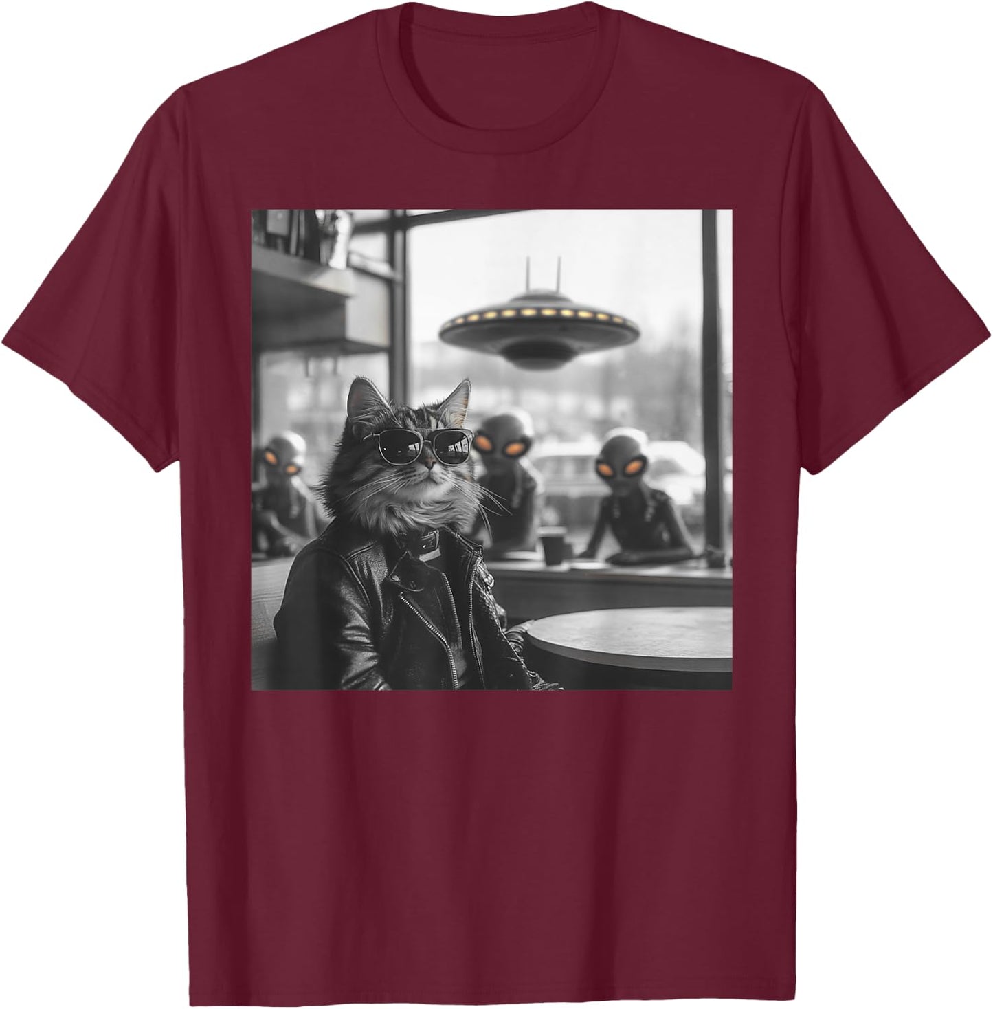 Cat in a Coffee Shop with Aliens and UFO T-Shirt - T-Shirt | Maroon