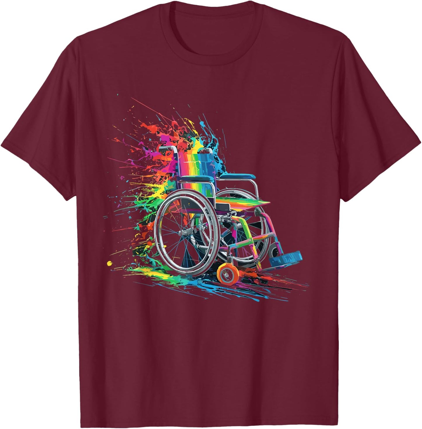 Colorful Paint Splash Wheelchair Art Graphic T-Shirt - T-Shirt | Maroon