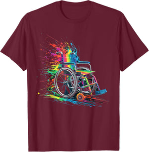 Colorful Paint Splash Wheelchair Art Graphic T-Shirt - T-Shirt | Maroon