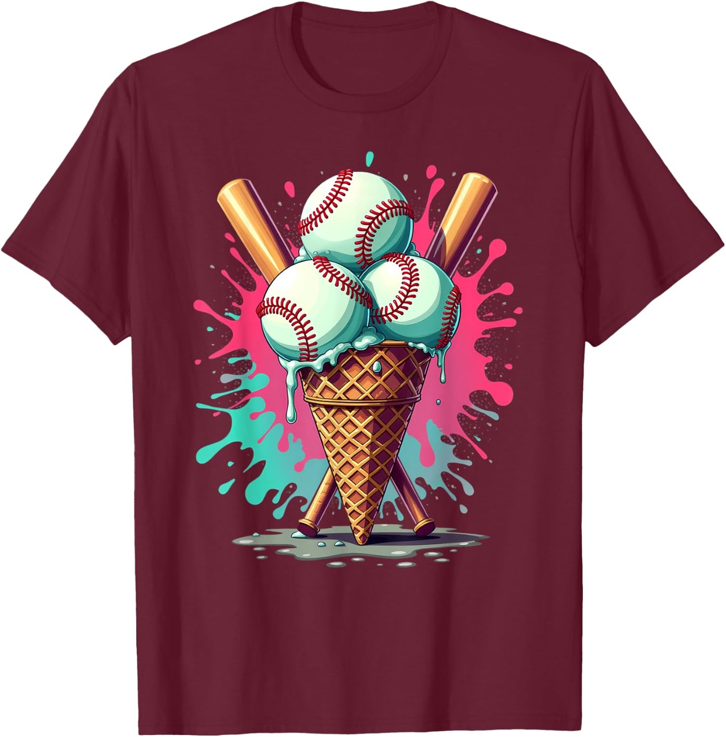 Baseball Ice Cream Watercolor Sports Lover Ice Cream Cone T-Shirt - T-Shirt | Maroon