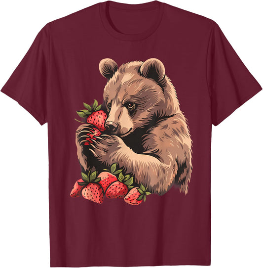 Strawberry Bear Strawberries Artwork Drawing Wildlife Motif T-Shirt - T-Shirt | Maroon