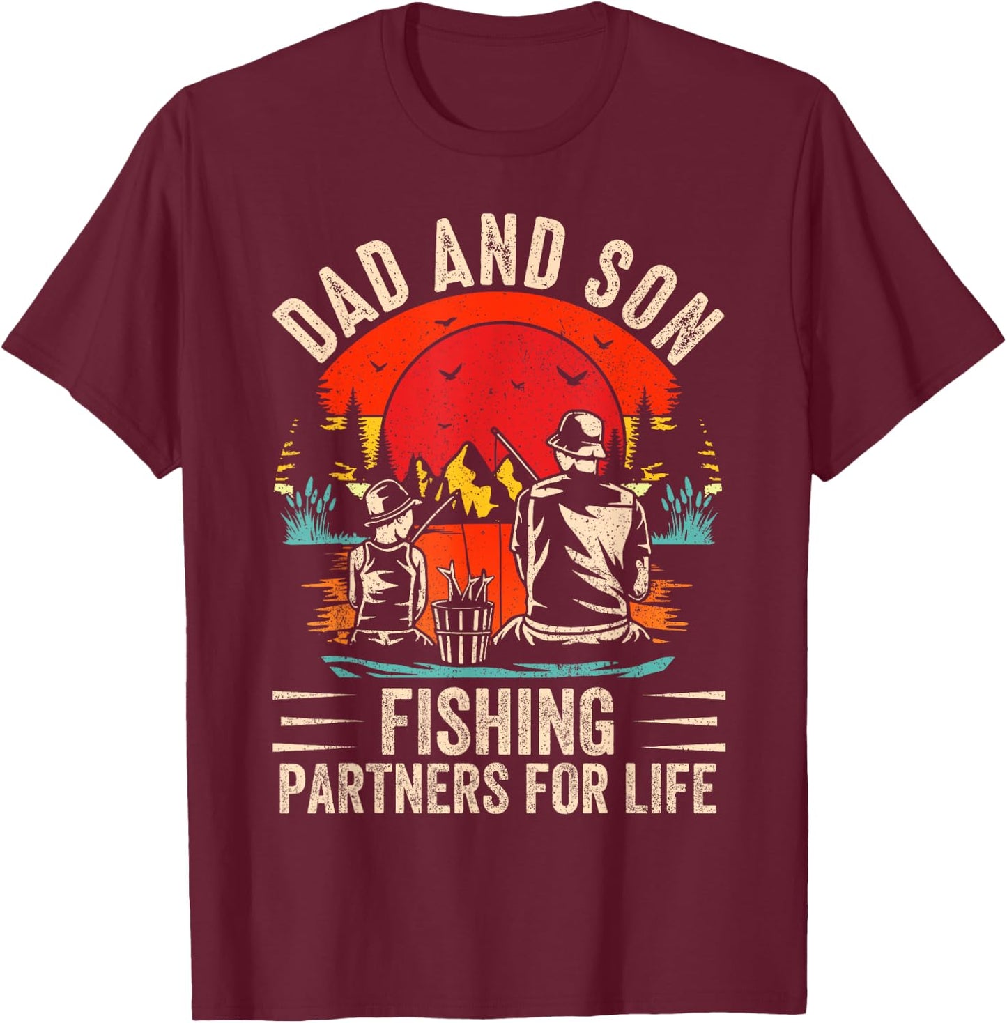 Dad & Son Fishing Partners For Life Retro Matching Dad T-Shirt - T-Shirt | Maroon