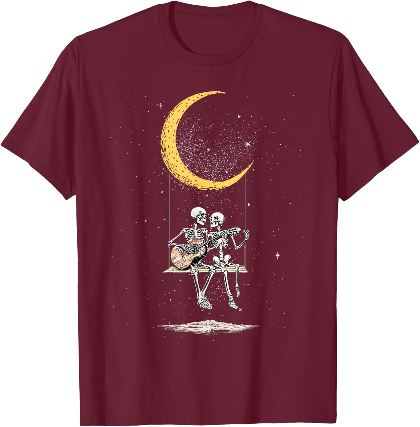 Skeleton Couple Matching Moon Swing Guitar Lover Halloween T-Shirt - T-Shirt | Maroon